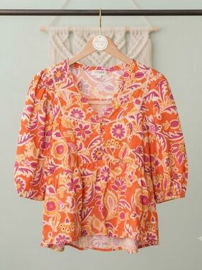 Umgee Orange Floral Puff Sleeve Peasant Top